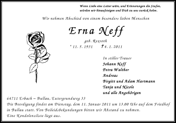 Traueranzeige von Erna Neff von Odenwälder Echo