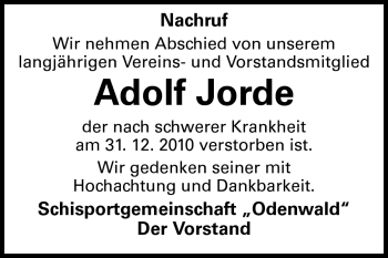 Traueranzeige von Adolf Jorde von Odenwälder Echo