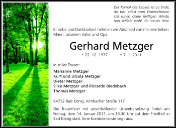 Traueranzeige von Gerhard Metzger von Odenwälder Echo