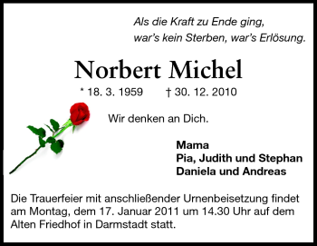 Traueranzeige von Norbert Michel von Darmstädter Echo, Odenwälder Echo, Rüsselsheimer Echo, Groß-Gerauer-Echo, Ried Echo