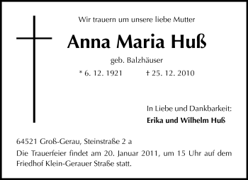 Traueranzeige von Anna Maria Huß von Rüsselsheimer Echo, Groß-Gerauer-Echo, Ried Echo