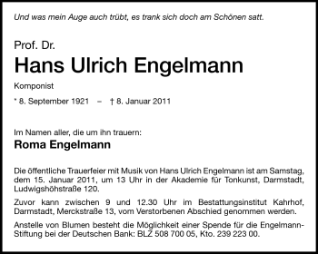 Traueranzeige von Hans Ulrich Engelmann von Darmstädter Echo, Odenwälder Echo, Rüsselsheimer Echo, Groß-Gerauer-Echo, Ried Echo