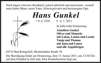 Traueranzeige von Hans Gunkel von Odenwälder Echo