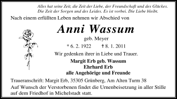 Traueranzeige von Anni Wassum von Odenwälder Echo