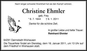 Traueranzeige von Christine Ehmler von Darmstädter Echo, Odenwälder Echo, Rüsselsheimer Echo, Groß-Gerauer-Echo, Ried Echo