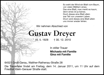 Traueranzeige von Gustav Dreyer von Rüsselsheimer Echo, Groß-Gerauer-Echo, Ried Echo