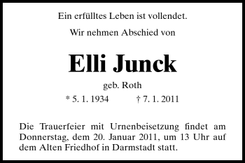 Traueranzeige von Elli Junck von Darmstädter Echo, Odenwälder Echo, Rüsselsheimer Echo, Groß-Gerauer-Echo, Ried Echo