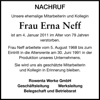 Traueranzeige von Erna Neff von Odenwälder Echo