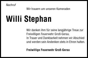 Traueranzeige von Willi Stephan von Rüsselsheimer Echo, Groß-Gerauer-Echo, Ried Echo