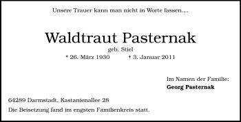 Traueranzeige von Waldtraut Pasternak von Darmstädter Echo, Odenwälder Echo, Rüsselsheimer Echo, Groß-Gerauer-Echo, Ried Echo