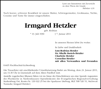 Traueranzeige von Irmgard Hetzler von Darmstädter Echo, Odenwälder Echo, Rüsselsheimer Echo, Groß-Gerauer-Echo, Ried Echo