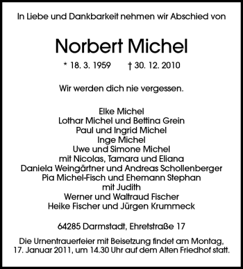Traueranzeige von Norbert Michel von Darmstädter Echo, Odenwälder Echo, Rüsselsheimer Echo, Groß-Gerauer-Echo, Ried Echo