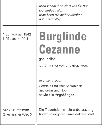 Traueranzeige von Burglinde Cezanne von Rüsselsheimer Echo, Groß-Gerauer-Echo, Ried Echo