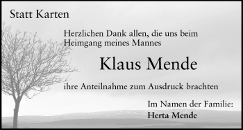 Traueranzeige von Klaus Mende von Darmstädter Echo, Odenwälder Echo, Rüsselsheimer Echo, Groß-Gerauer-Echo, Ried Echo