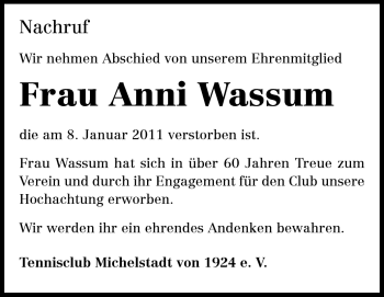 Traueranzeige von Anni Wassum von Odenwälder Echo