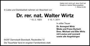 Traueranzeige von Walter Wirtz von Darmstädter Echo, Odenwälder Echo, Rüsselsheimer Echo, Groß-Gerauer-Echo, Ried Echo