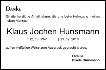 Traueranzeige von Klaus Jochen Hunsmann von Rüsselsheimer Echo, Groß-Gerauer-Echo, Ried Echo