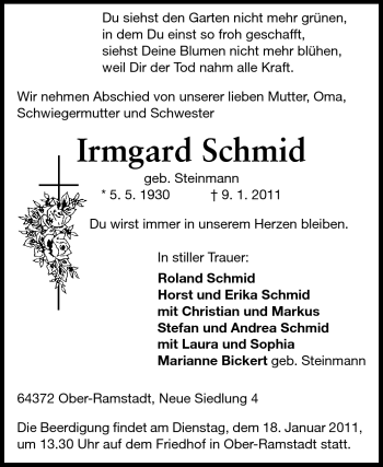 Traueranzeige von Irmgard Schmid von Darmstädter Echo, Odenwälder Echo, Rüsselsheimer Echo, Groß-Gerauer-Echo, Ried Echo