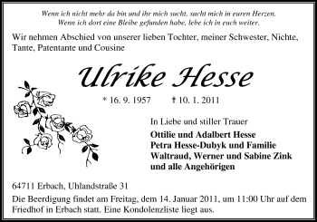 Traueranzeige von Ulrike Hesse von Odenwälder Echo