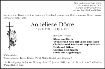 Traueranzeige von Anneliese Dörre von Rüsselsheimer Echo, Groß-Gerauer-Echo, Ried Echo