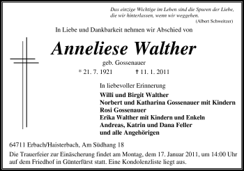 Traueranzeige von Anneliese Walther von Odenwälder Echo