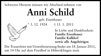 Traueranzeige von Anni Schild von Echo-Zeitungen (Gesamtausgabe)