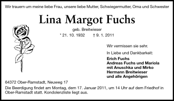 Traueranzeige von Lina Margot Fuchs von Darmstädter Echo, Odenwälder Echo, Rüsselsheimer Echo, Groß-Gerauer-Echo, Ried Echo