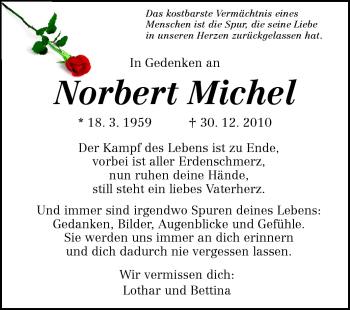 Traueranzeige von Norbert Michel von Darmstädter Echo, Odenwälder Echo, Rüsselsheimer Echo, Groß-Gerauer-Echo, Ried Echo