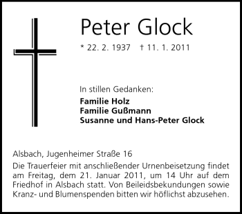 Traueranzeige von Peter Glock von Darmstädter Echo, Odenwälder Echo, Rüsselsheimer Echo, Groß-Gerauer-Echo, Ried Echo