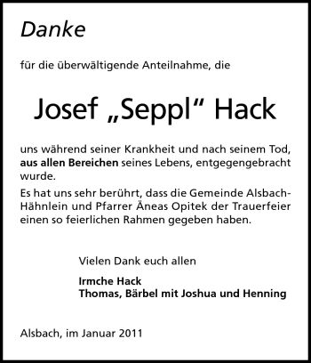 Traueranzeige von Josef Hack von Darmstädter Echo, Odenwälder Echo, Rüsselsheimer Echo, Groß-Gerauer-Echo, Ried Echo
