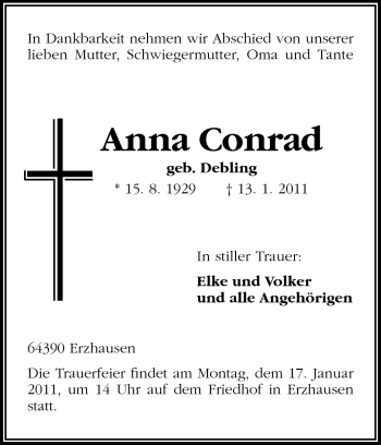Traueranzeige von Anna Conrad von Darmstädter Echo, Odenwälder Echo, Rüsselsheimer Echo, Groß-Gerauer-Echo, Ried Echo