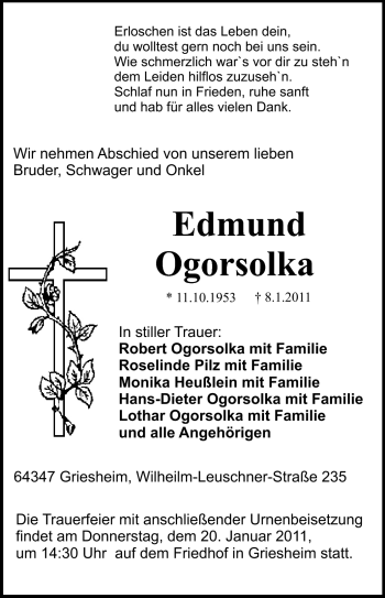 Traueranzeige von Edmund Orgosolka von Echo-Zeitungen (Gesamtausgabe)
