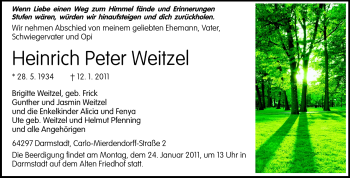 Traueranzeige von Heinrich Peter Weitzel von Darmstädter Echo, Odenwälder Echo, Rüsselsheimer Echo, Groß-Gerauer-Echo, Ried Echo