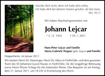 Traueranzeige von Johann Lejcar von Starkenburger Echo