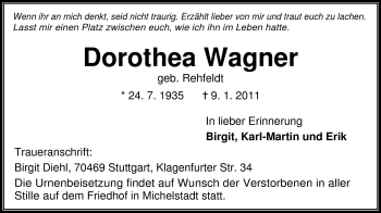 Traueranzeige von Dorothea  Wagner von Odenwälder Echo