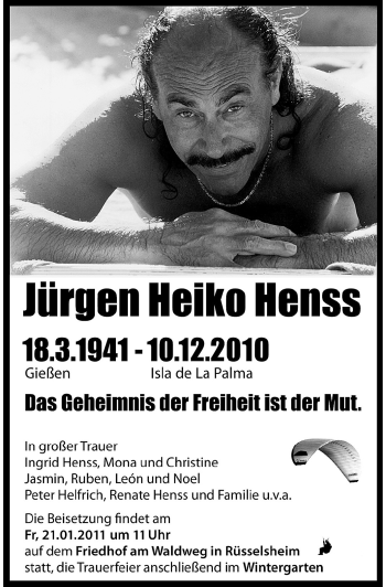 Traueranzeige von Jürgen Heiko Henss von Echo-Zeitungen (Gesamtausgabe)