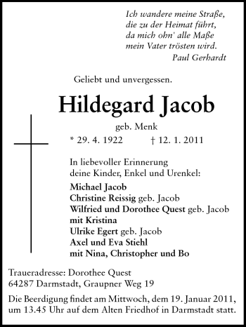 Traueranzeige von Hildegard Jacob von Echo-Zeitungen (Gesamtausgabe)