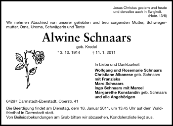 Traueranzeige von Alwine Schnaars von Echo-Zeitungen (Gesamtausgabe)