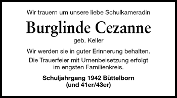 Traueranzeige von Burglinde Cezanne von Rüsselsheimer Echo, Groß-Gerauer-Echo, Ried Echo