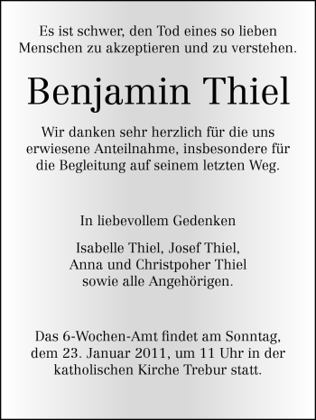 Traueranzeige von Benjamin Thiel von Echo-Zeitungen (Gesamtausgabe)