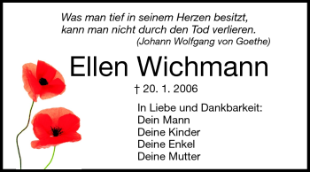 Traueranzeige von Ellen Wichmann von Darmstädter Echo, Odenwälder Echo, Rüsselsheimer Echo, Groß-Gerauer-Echo, Ried Echo