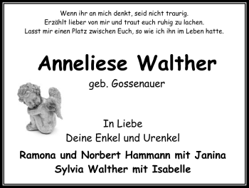 Traueranzeige von Anneliese Walther von Odenwälder Echo