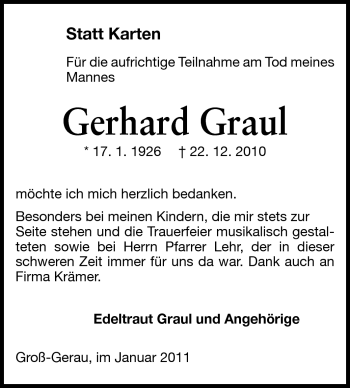 Traueranzeige von Gerhard Graul von Rüsselsheimer Echo, Groß-Gerauer-Echo, Ried Echo