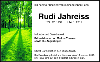 Traueranzeige von Rudi Jahreiss von Odenwälder Echo