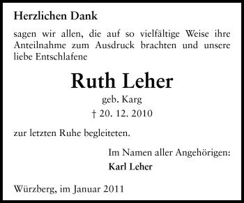 Traueranzeige von Ruth Leher von Odenwälder Echo