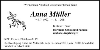 Traueranzeige von Anna Müller von Odenwälder Echo