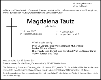 Traueranzeige von Magdalena Tautz von Starkenburger Echo