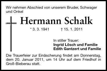 Traueranzeige von Hermann Schalk von Echo-Zeitungen (Gesamtausgabe)