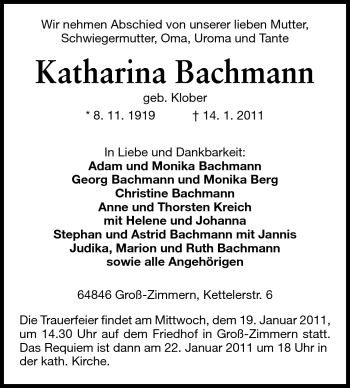 Traueranzeige von Katharina Bachmann von Echo-Zeitungen (Gesamtausgabe)