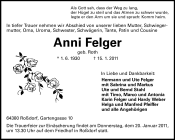 Traueranzeige von Anni Felger von Echo-Zeitungen (Gesamtausgabe)